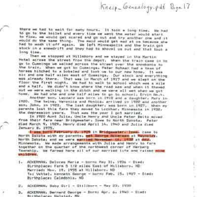 Kneip_Genealogy.pdf file compiled and written by Karen (Fleischer) Ackerman and scanned by Jackie (Ausk) Baumgartner: Page 17, information by Agnes (Kneip) Ackerman