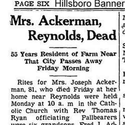 Hillsboro Banner Weekly newspaper, page 6: Obituary, Mary (Lemerick) Ackerman (Mrs. Joseph Ackerman)