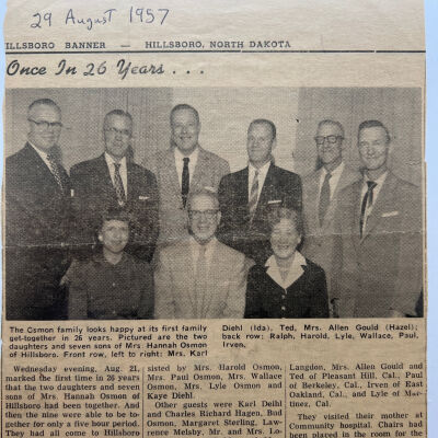 Osmon family: Mrs. Hannah Osmon, and her 9 children, including Mrs. Karl Diehl of Hillsboro, ND.