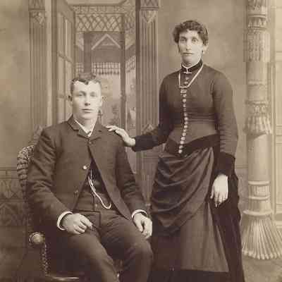 Fleischer, Charlie and wife Mary Stephan, photo taken in about 1888 at Skrivseth Studio in Hillsboro, North Dakota
