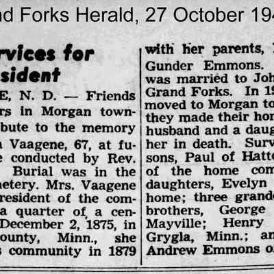 Obituary, Sena Emmons (Mrs. John Vaagene): Hillsboro Banner, 27 October 1943