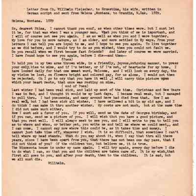 First 1889 letter to Stina of Grandin, DT, from husband CW Fleischer of Helena, MT: Dated 1889, translated to English by Walt Bohnsack; original in hand-written German
