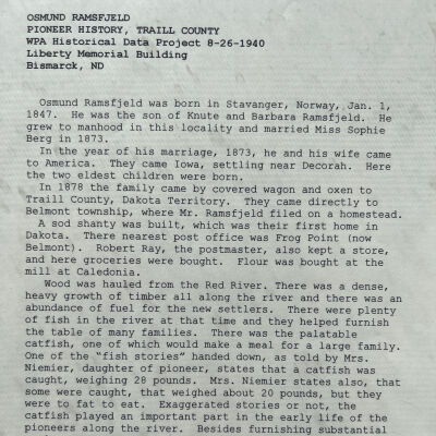 Ramsfield family: Osmund and Sophie (Berg) Ramsfield, 1878 settlers of Belmont Township, Traill County, Dakota Territory