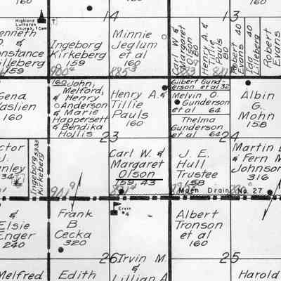 1952 Traill County Plat Book and Rural Directory, portion of Ervin Township: Carl W. and Margaret (Kneip) Olson land in SE Qtr. Sect. 23