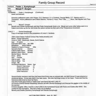 Family Group Record, 25 June 2010, courtesy Linda Hardesty: Peder J. Kamphaug and Margit P. Borgen family, page 6 of 13