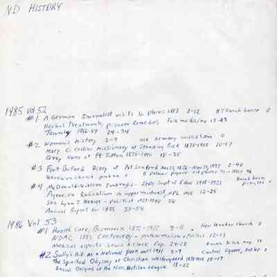 North Dakota History, State Historical Society of North Dakota, Bismarck: Page 6: Notes by Jim Arhlin on papers in issues from 1985 and 1986