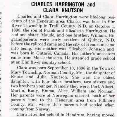 Hendrum Centennial, 1882-1982, book, page 195, Column 2: Brief life history of Charles Harrington. and Clara Knutson, page 1