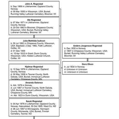 Anders and Goro (Olson) Rognstad family tree: Rognstad children, John, Ole, Hjalmer and Sara