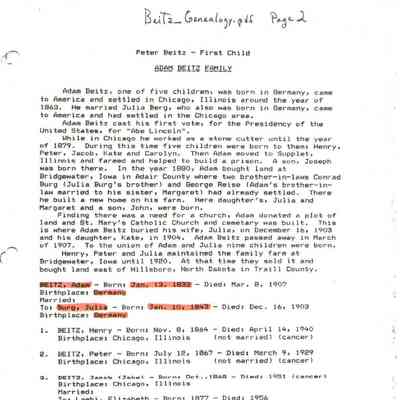 Beitz_Genealogy.pdf by Karen (Fleischer) Ackerman courtesy granddaughter Jackie (Ausk) Baumgartner: Information on Adam and Julia (Burg) Beitz, and children, page 2