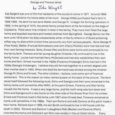 Description of Vettel family history on the Asa Sargent farm, Caledonia, ND