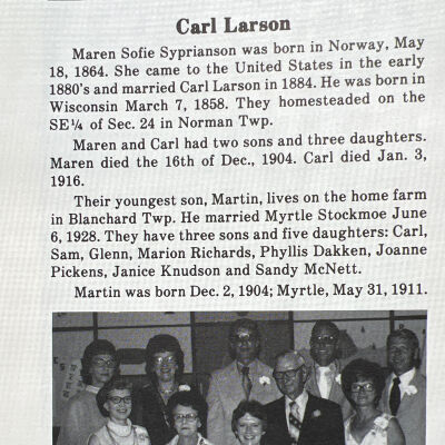 Larson family: Carl and Maren (Syprainson) Larson, Pioneers of Norman Township, Traill County, Dakota Territory
