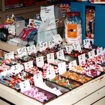 Fankhanel's variety store candy counter photo, courtesy Bruce Bowersox: Display of 1c and 5c candies