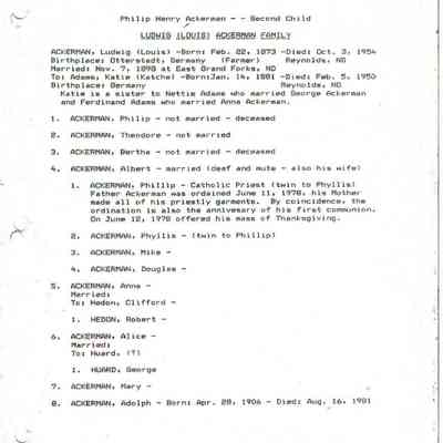 Ackerman_Genealogy.pdf file by Jackie (Ausk) Baumgartner: Page 7, information compiled and written by Karen (Fleischer) Ackerman