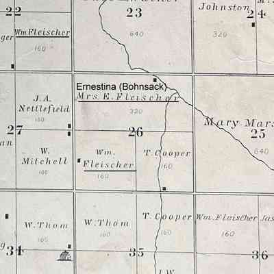 Mrs. E. (Ernestina Bohnsack) Fleischer homestead: 1892 Traill County Plat map, NE Qtr., Sect. 26, Bohnsack Township, Traill County, ND