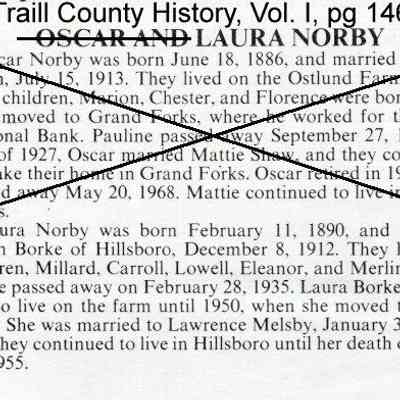 Family history for Laura Norby, daughter of Ole and Marie (Olson) Norby: Traill County History 'Yesteryears', Vol. I, page 146