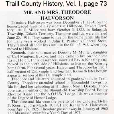 Traill County History, Vol. I: Description of Theodore and Ida (Miller) Halvorson family history