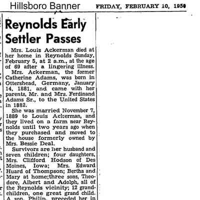 Hillsboro Banner, 10 February 1950: Obituary, Katherine 'Katie' (Adams) Ackerman