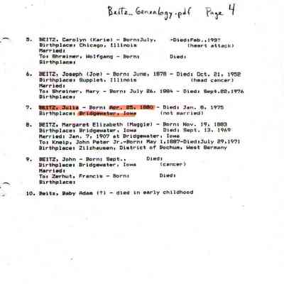 Beitz_Genealogy.pdf by Karen (Fleischer) Ackerman courtesy granddaughter Jackie (Ausk) Baumgartner: Information on Julia Beitz and her siblings, page 4