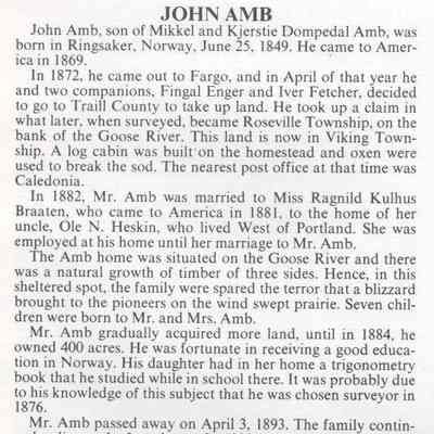 Traill County History, Vol. 1, page 24: Family history: John M. & Ragnild (Braaten) Amb