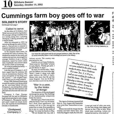 Page 10, Hillsboro Banner, 19 October 2002: Soldier Carl Vettel letters home article by Michelle McLean, part 1