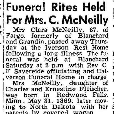 Fleischer family: Clara Fleischer (Mrs. Joseph McNeilly), 1879 settler in Bohnsack Township, Traill County, Dakota Territory