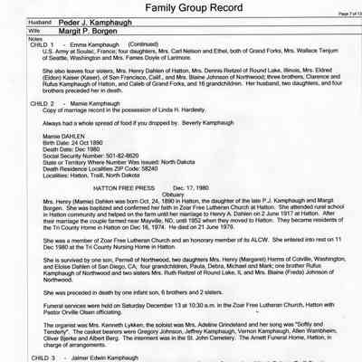 Family Group Record, 25 June 2010, courtesy Linda Hardesty: Peder J. Kamphaug and Margit P. Borgen family, page 7 of 13