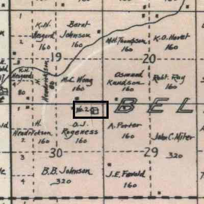 1900 map, southwest portion of Belmont Township in Traill County, ND: Belmont School No. 2 was located in NE Qtr. of Sect. 30