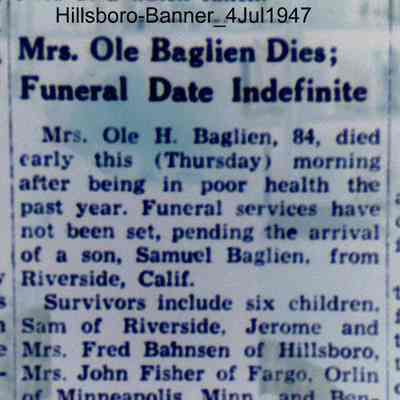 Death notice, Hillsboro Banner, 4 July 1947