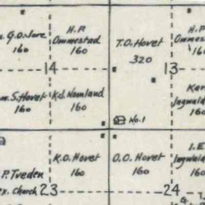 Homesteads of Ole O., Knudt O. and Thor O. Hovet: 1900 Plat map of Stavanger Township, Traill County, ND