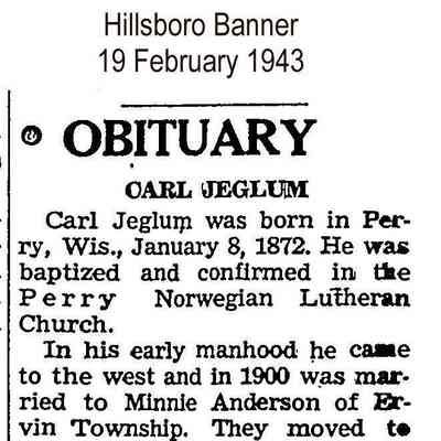 Hillsboro Banner, 19 February 1943: Obituary, Carl Jeglum