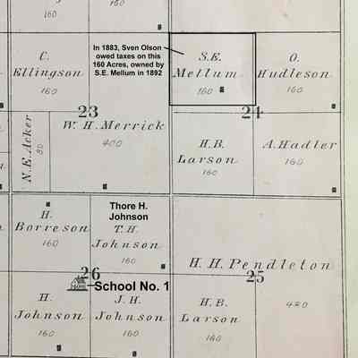 1892 Plat map, portion of Norway Township, Traill County: Location of Sven and Ingeborg Olson's farm