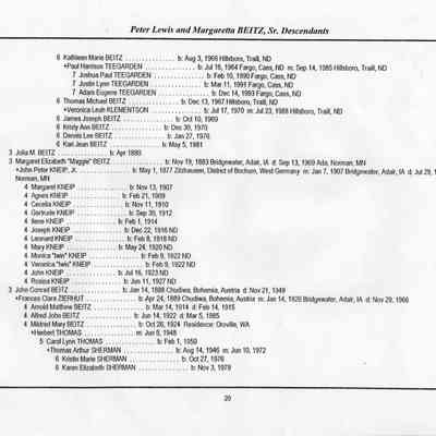 Descendants chart, page 20, courtesy a descendant of Lawrence Beitz, grandson of Adam and Julia (Burg) Beitz: Descendants of Maggie Beitz and John Peter Kneip Jr