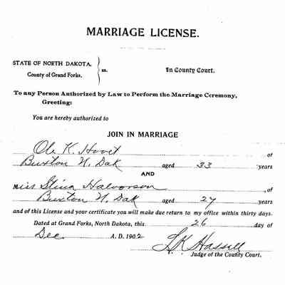 Knudt and Stina (Halvorson) Hovet: Marriage license, Grand Forks, ND
