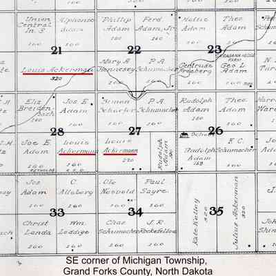 1927 Standard Atlas of Grand Forks County, North Dakota: Louis Ackerman farmstead and farmlands in the SE part of Michigan Township