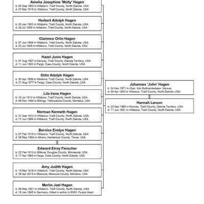 Family tree, John and Hannah (Larson) Hagen