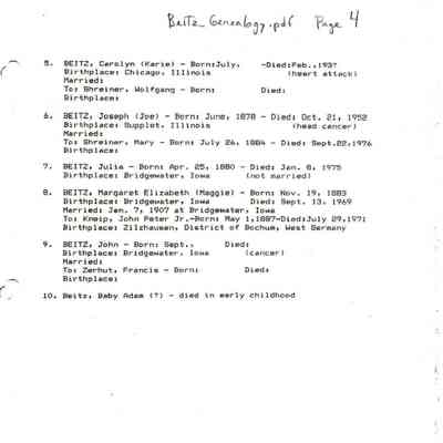 Beitz_Genealogy.pdf by Karen (Fleischer) Ackerman courtesy granddaughter Jackie (Ausk) Baumgartner: Information on Adam and Julia (Burg) Beitz, and children, page 4