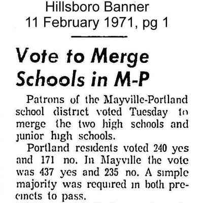 Hillsboro Banner news, 11 February 1971: Merger of Mayville and Portland High Schools