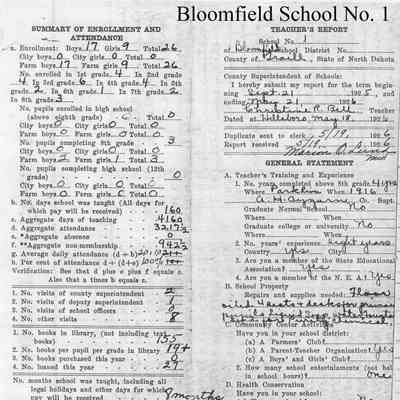 Bloomfield School No. 1, 1926 Teacher's Report: Christine R. Bell, Teacher