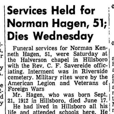 Obituary, Norman Kenneth Hagen: Hillsboro Banner, 24 June 1964
