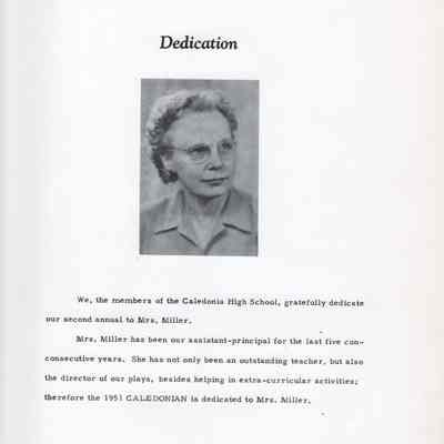 Caledonia High School 1951 Yearbook: Dedication page: Mrs. Miller