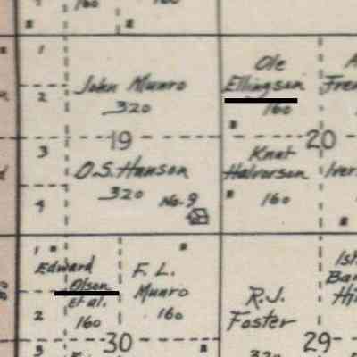 1900 Traill County map, portion of Bingham Township: Land owned by Edward Olson in Sect. 30 and rented by Carl Olson in Sect. 20