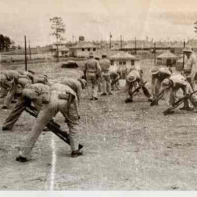 Soldiers undergoing bayonet training at Camp Claiborne, LA, 1941