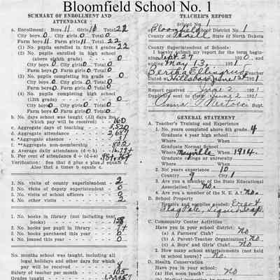 Bloomfield School No. 1, Teacher's Report, 2 June 1921: Bertha Ellingrud, Teacher