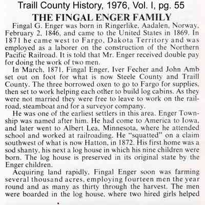 Page 55, Volume I, Traill County History book, 1976: The Fingal Enger family, part 1