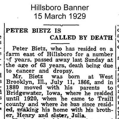 Beitz family: Peter Beitz, 1920 to 1929 resident of Herbert Township, Traill County, North Dakota