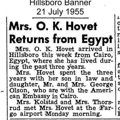 Hillsboro Banner, 21 July 1955: Mrs. O. K. Hovet returns from Egypt; Mr. and Mrs. George Olson at American Embassy in Cairo