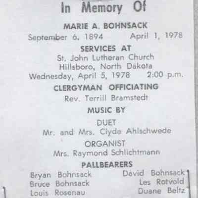 Marie A. Bohnsack funeral bulletin info: St John Lutheran Church, Hillsboro, ND