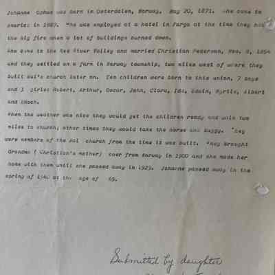 Optus family: Johanne Ophus (Mrs. Christian Pederson), pioneer woman of Norway Township, Traill County, ND