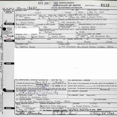 Certificate of Death, Oscar Norby: Grand Forks County, ND