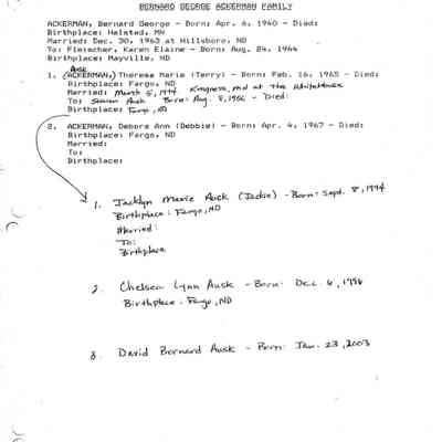 Ackerman_Genealogy.pdf file by Jackie (Ausk) Baumgartner: Page 21, information compiled and written by Karen (Fleischer) Ackerman